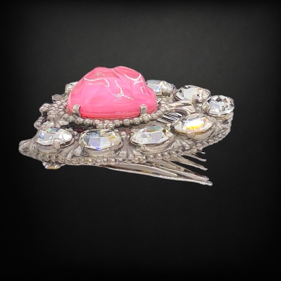 Vintage Clear Glass Stone & Pink Acrylic Cabochon Pot-metal Comb (Former Clip) - Picture 3 of 10